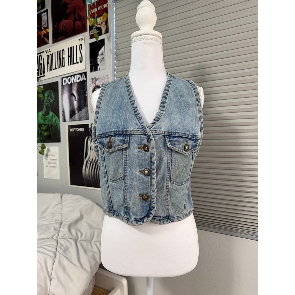 Vintage Express Denim Vest Womens Blue Jean Button Front Cropped Y2K